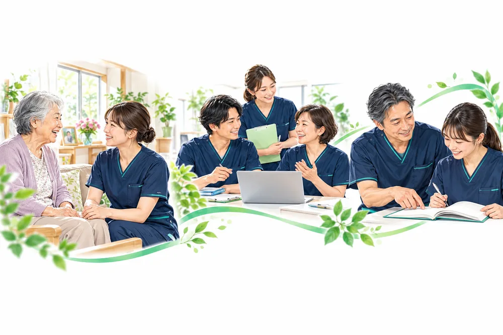 利用者の自宅で向き合う看護師、ステーションで話し合うチーム、次の看護師に教える場面のイラスト