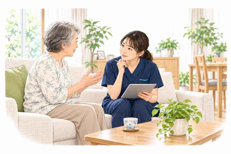 利用者の自宅で、看護師がひとりで話を聞くイラスト