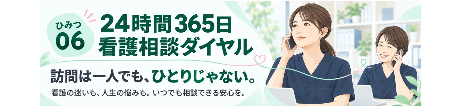 ひみつ06 24時間365日 看護相談ダイヤル。訪問は一人でも、ひとりじゃない。看護の迷いも、人生の悩みも。いつでも相談できる安心を。電話で相談する2人の看護師のイラスト