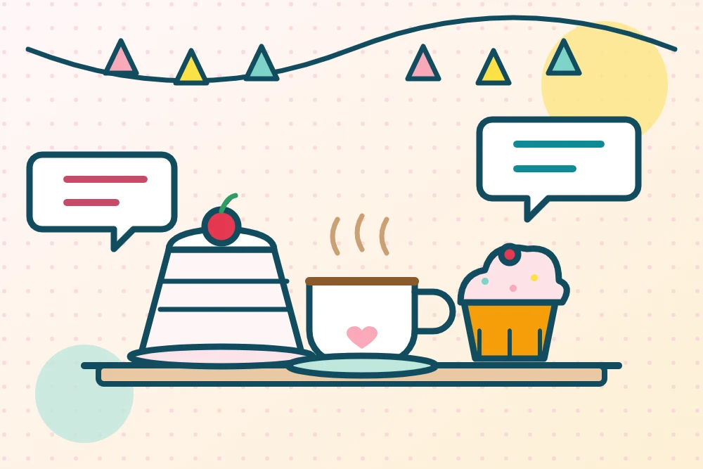 ケーキとコーヒー、カップケーキが並ぶカフェのテーブルのイラスト