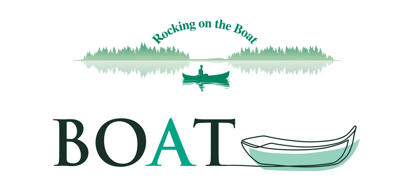 BOATのロゴ。森に囲まれた湖に小舟が浮かぶイラストと「Rocking on the Boat」の文字