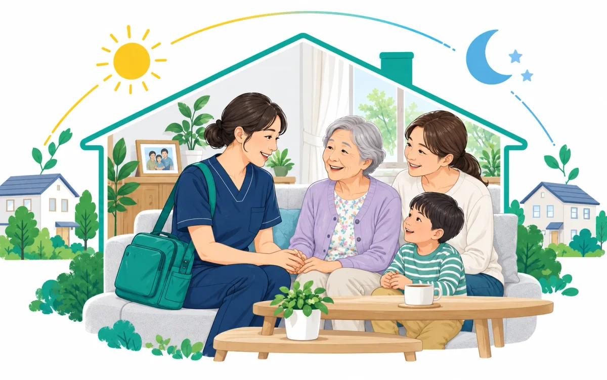 家の中で患者さんとご家族の手を取って語り合う看護師のイラスト。上に太陽と月