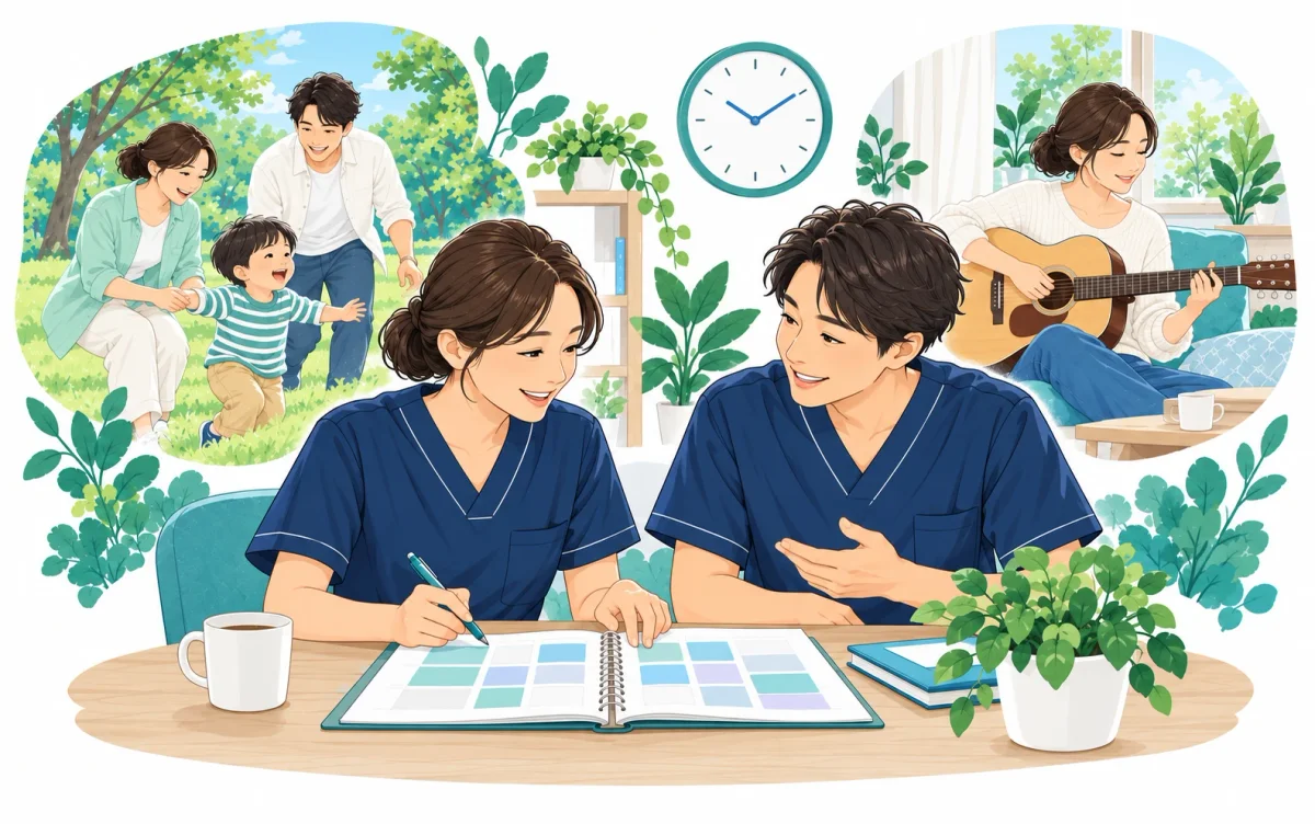 予定表を囲んで働き方を相談する2人の看護師のイラスト。まわりに家族と過ごす時間、趣味の時間