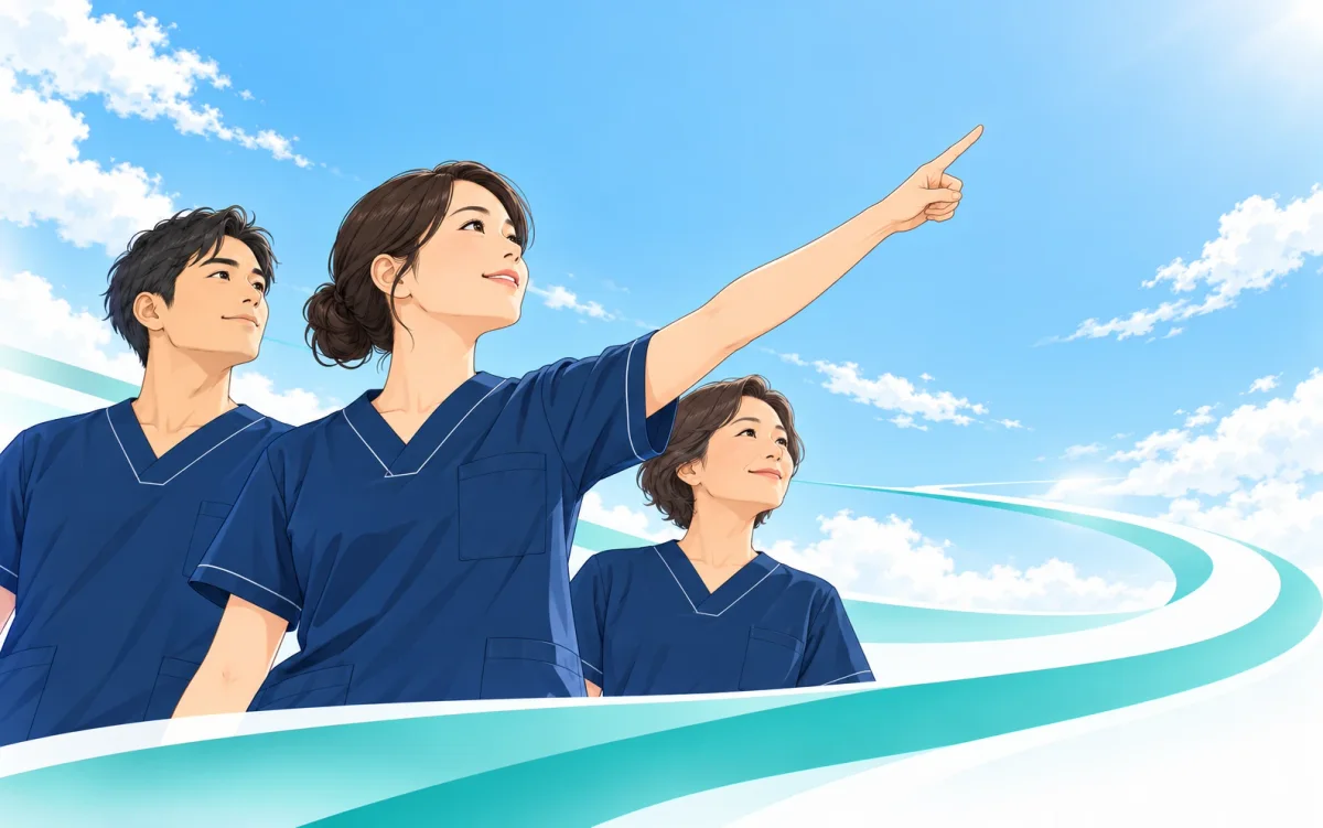 青空の下で遠くを指さす3人の看護師のイラスト